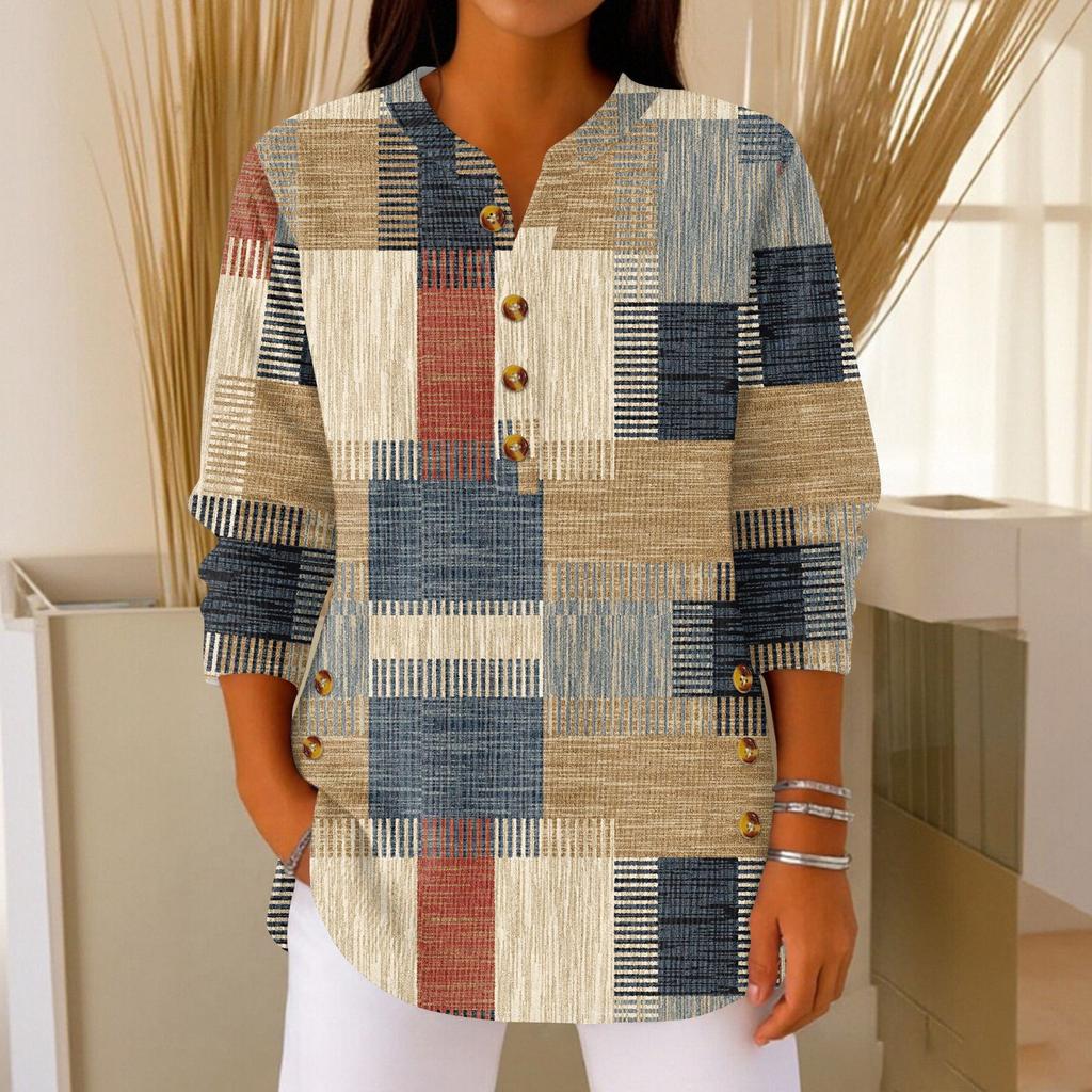 Women's Fashionable Button Collar Long-sleeved Christmas Print Pullover Top