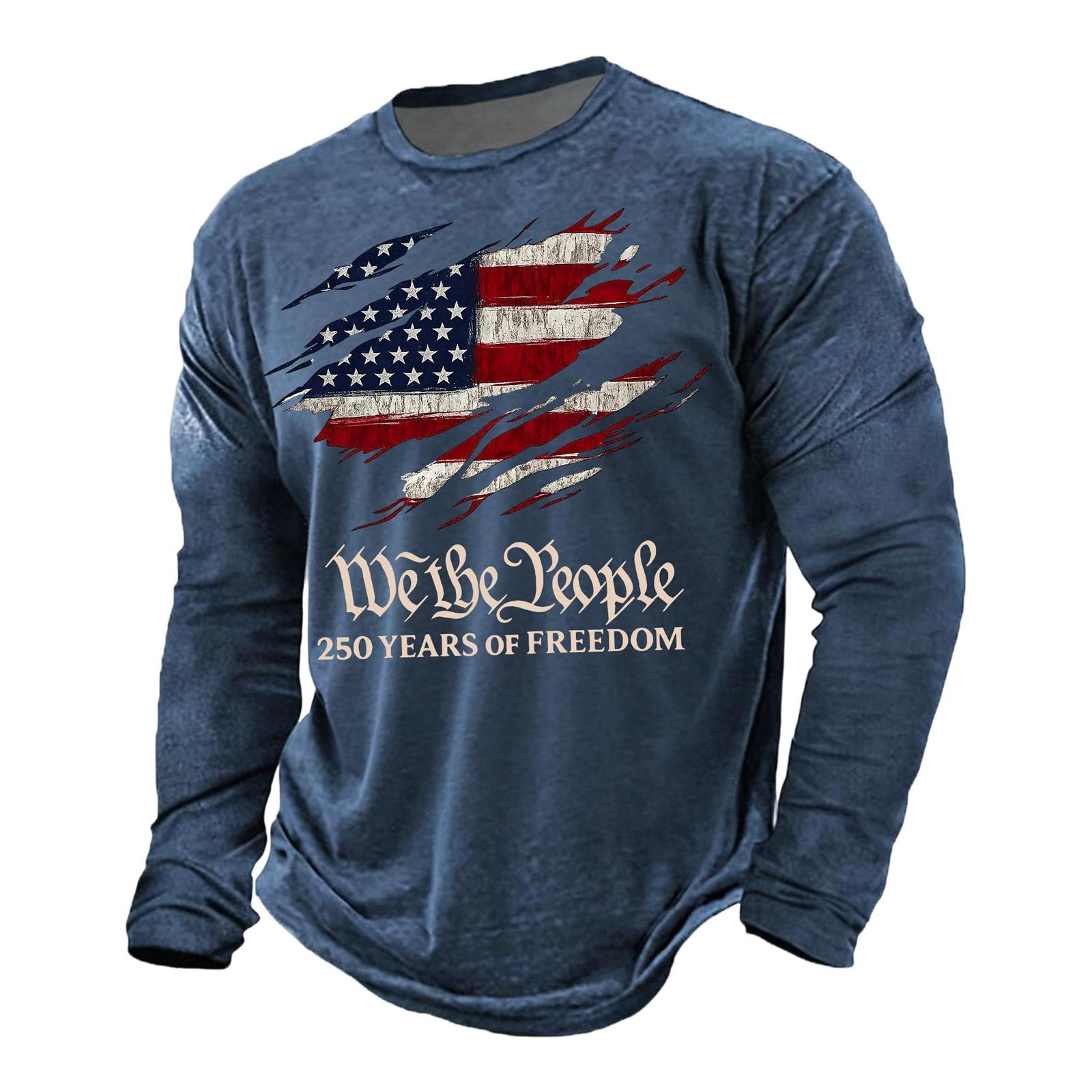 

Men s Casual Long Sleeve Shirt Patriotic Graphic Print Independence Day 250 Years Commemorative Lettering Cotton Blend Crew Neck M Темно-синій
