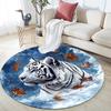 White Tiger with Falling Leaves Round Area Rug,Carpet Rug for Living Room Bedroom Sofa Playroom Decor,Non-slip Floor Mat