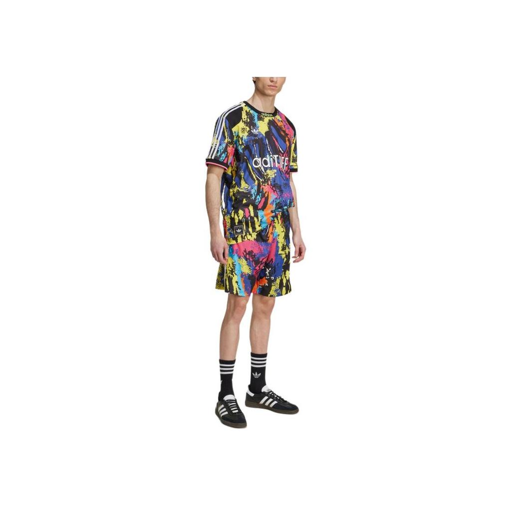 adidas Originals Archiv SS25 AOP Jersey Bequemes Rundhals Sport Kurzarm Fußballtrikot Herren Tops Schwarz Zitronengelb Pink KD4800
