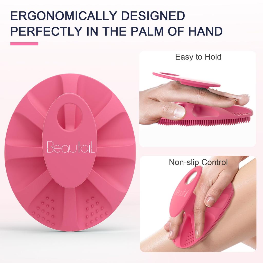 BEAUTAIL Silicone Body Scrubber for Shower and Gentle Suitable for and Sensitive Easy High 1 Pink Bath, Exfoliating, Cleansing, Loofah, Women, Men,