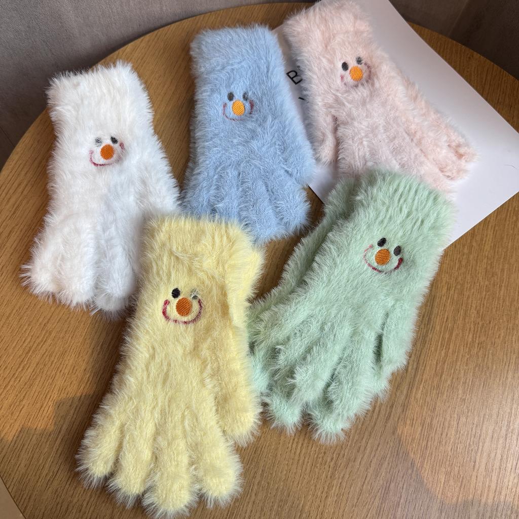 Niedliche lächelnde Gesichter bestickte Plüschhandschuhe für Damen im Winter Fellartig und Samt Warm und Kältefest Studenten Radfahren Touchscreen-Handschuhe