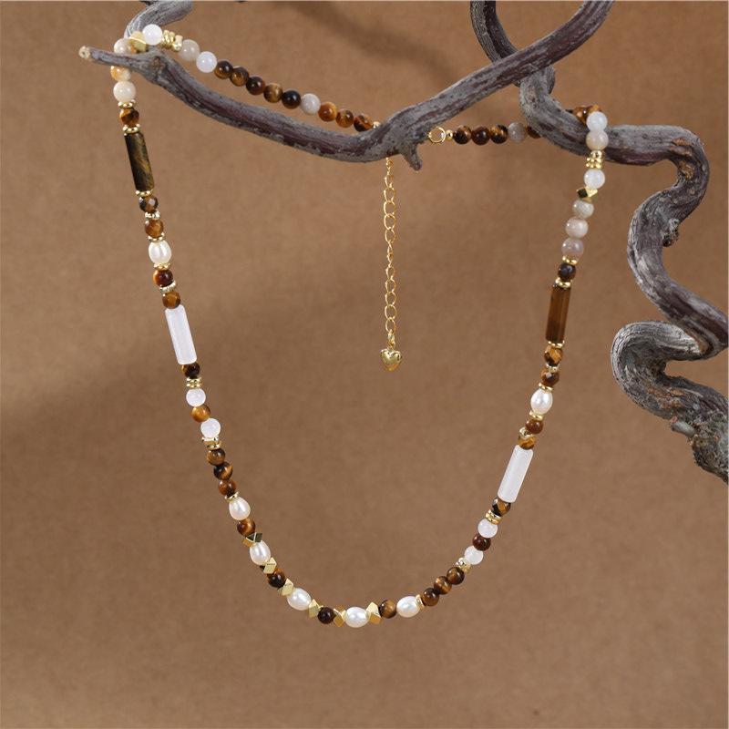 Arvaleff Women's Tiger Eye & Pearl Beaded Necklace - Personalized Natural Stone Design