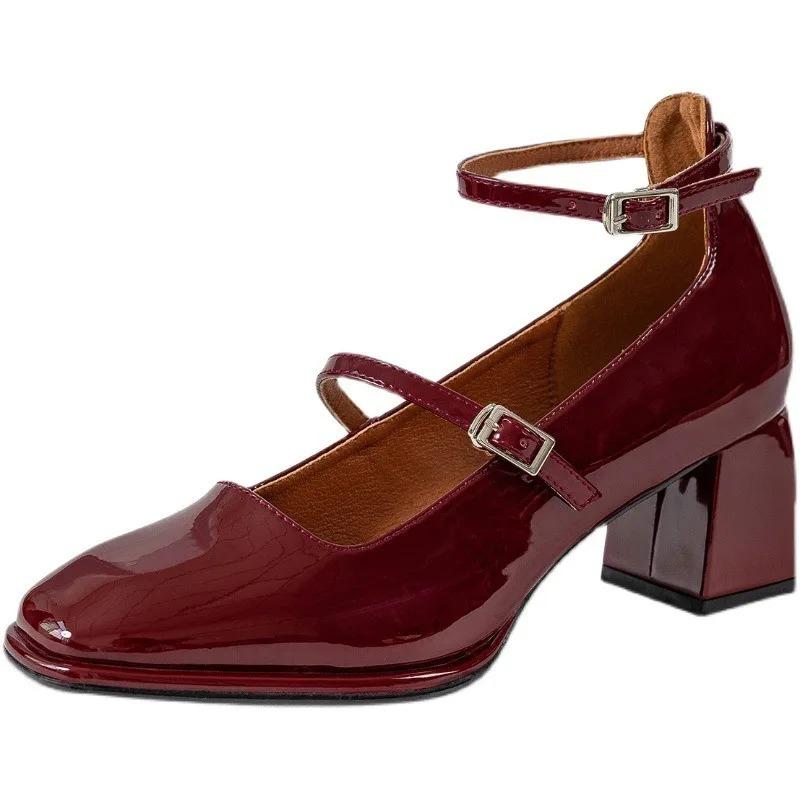 Fashion Comemore 2025 Wiosna Kobiety Wysokie Obcasy Klamra Retro Gruby Obcas Lakierowane Skórzane Buty Czółenka Mary Jane Buty Damskie Sandały na Obcasie