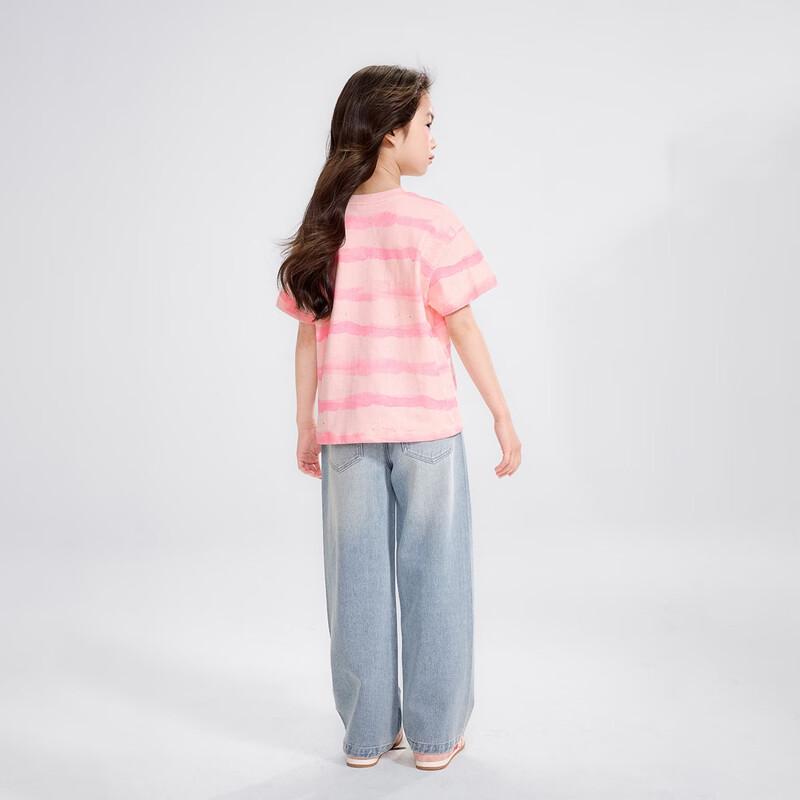 Princess Yuanyuan Girls' Pink Striped Heart Print Short Sleeve T-Shirt