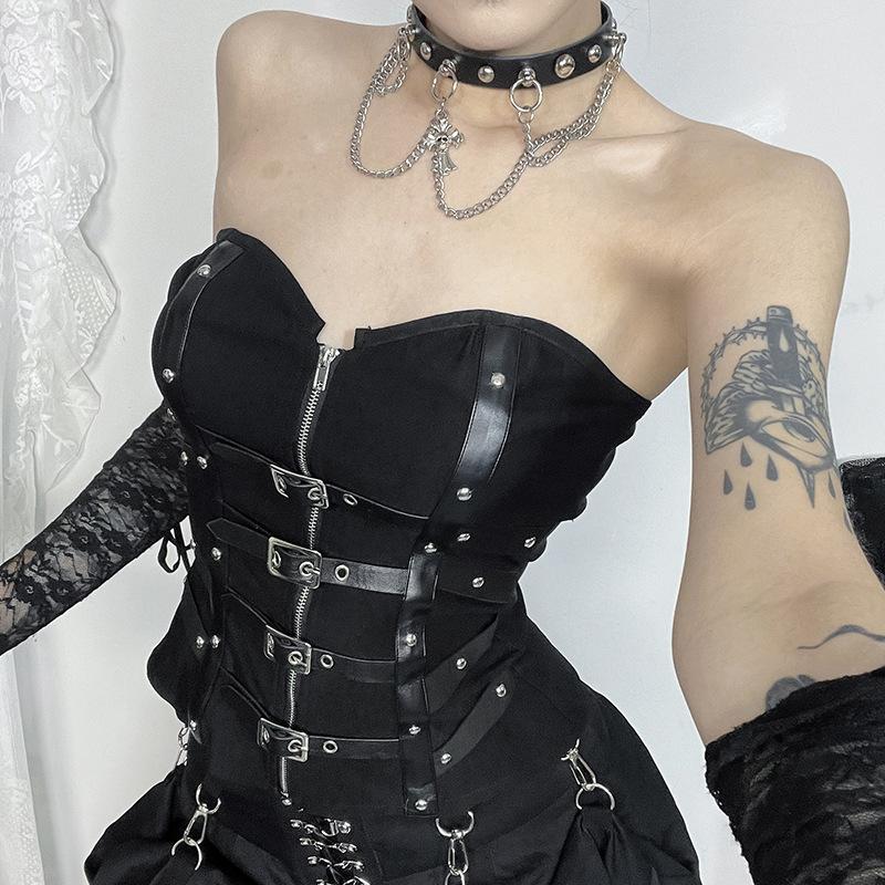 GlowGirl Goth Σκοτεινό Punk Grunge Δερμάτινα Κορσέ Κορμάκια Χωρίς Τιράντες Με Πόρπη Εμπορικό Κέντρο Γοτθικό Φερμουάρ Γυναικεία Σωληνωτά Μπλουζάκια Y2K Coquette Streetwear Εναλλακτικά Μπουστάκια Γιλέκα