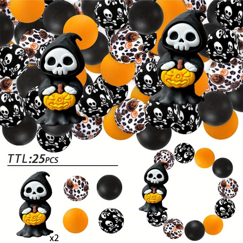 25PCS Multi-Size Halloween-Themed Silicone Beads Set, Perfect for DIY Craft Projects Like Keychains, Necklaces, Bracelets & More