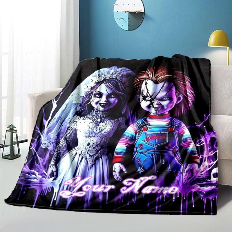 1PC Custom Name Horror Dolls Halloween flannel blanket versatile, all-season throw suitable for the living room, bedroom, camping, travel, and gift