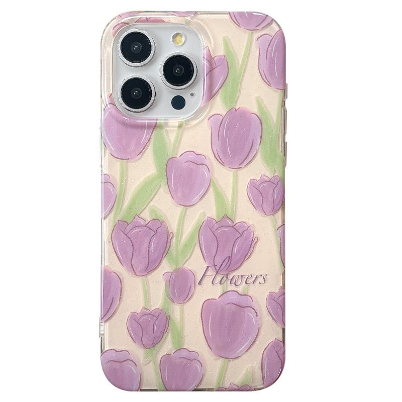 

Korean Style Lovely Purple Tulip Foral Shockproof Phone Case for iPhone 17 16 15 14 13 Pro Max 16Pro Cute Flower Soft Case Cover iPhone17 Pro