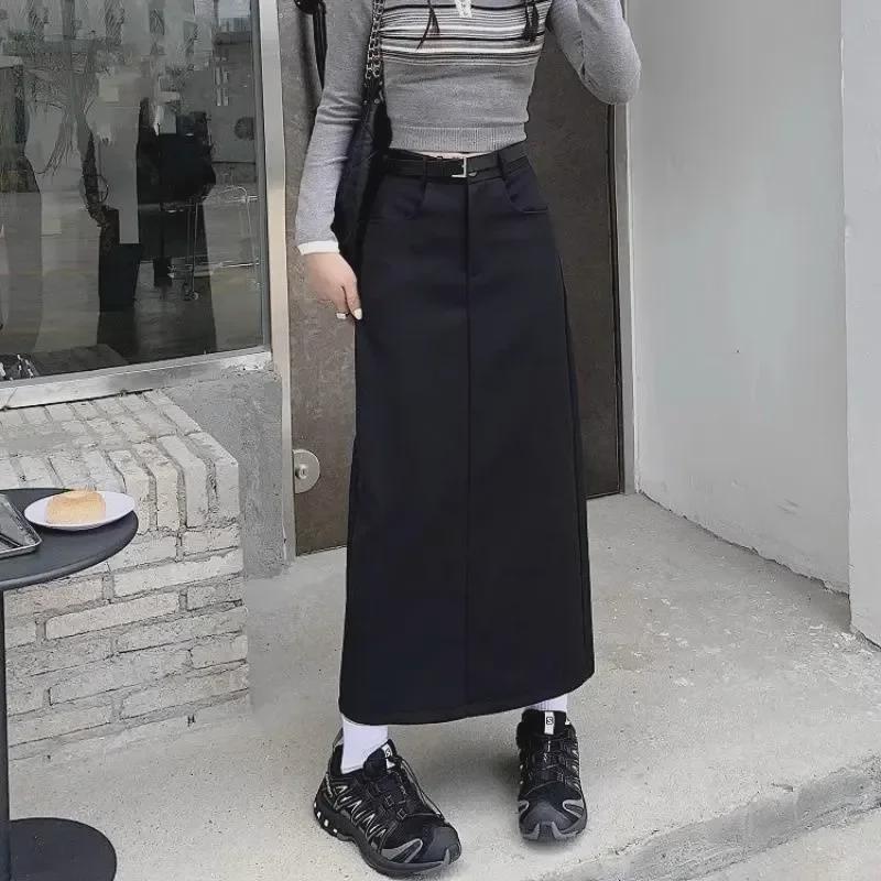 Women's Retro Gray High-Waist Slim Straight Skirt - Versatile Spring/Summer Mid-Length