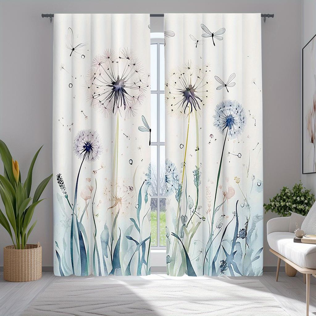 Blue Dandelion Dragonfly Print Curtains Polyester Fabric Suitable Bedroom Living Room Decoration Curtain Machine Washable Ideal For Sitting