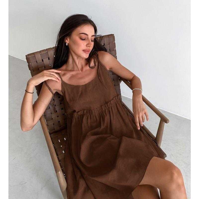 Brown Dress Women Holiday Style Loose Slip Skirt A-line Skirt