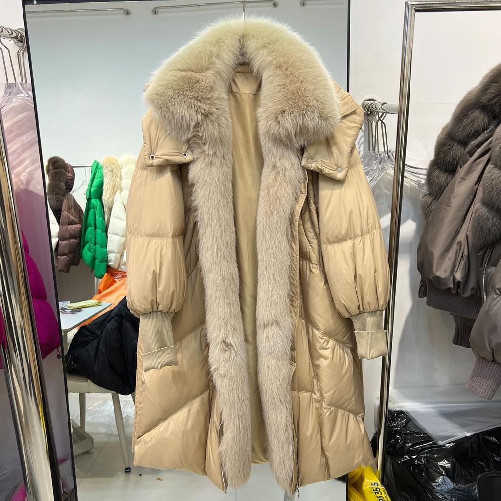 Winter new real fox fur fur collar white duck down jacket women's long coat loose thickened damp