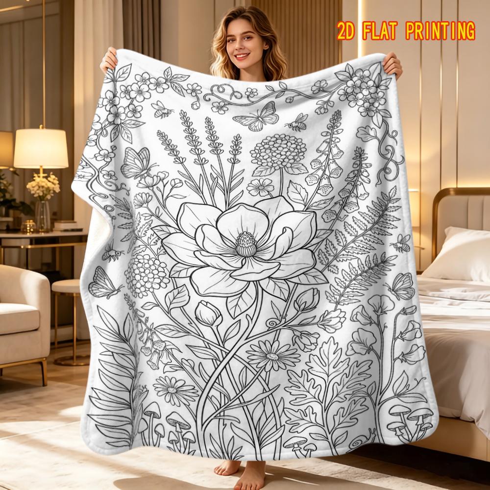 Una coperta da divano Fai da te Colora per numero Stile Pittura a mano per Alleviare lo Stress con Tema Fiori Selvatici e Farfalle. Il Design Include Fiori Selvatici in Fiore