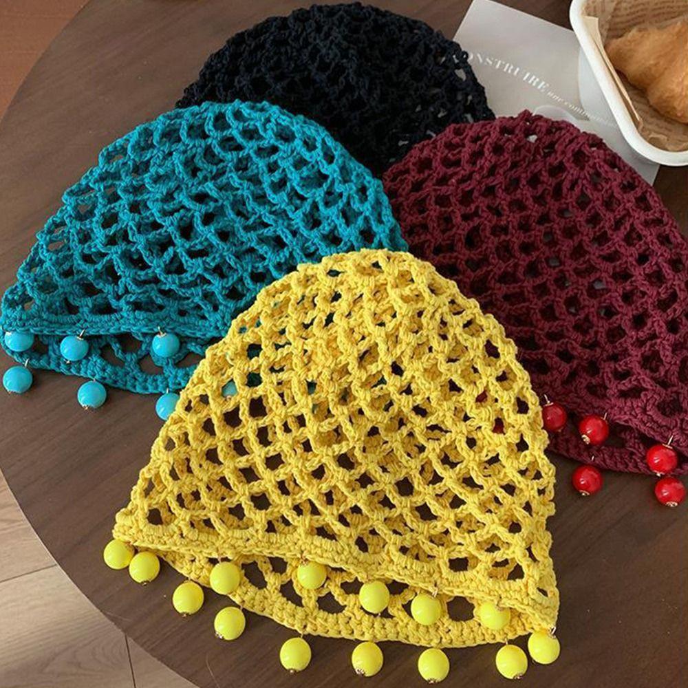 Pearl Fringed Crochet Hat Hollowed Out Woven Hat Casual Beret Cap  Bride Headpiece