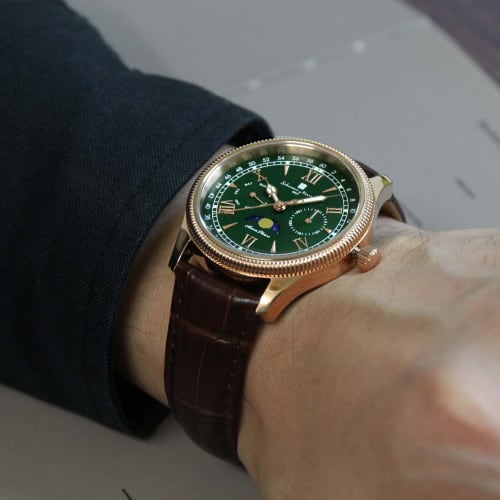 Salvatore Marra Men's Limited Edition Pink Gold and Green Watch, Moon Phase, Multi-Calendar, 5 ATM Water Resistance, Leather Strap, Business/Formal We