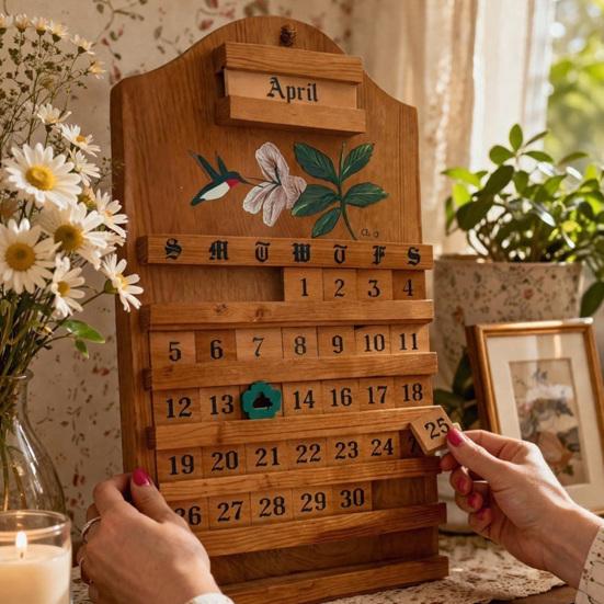 Calendario Perpetuo Vintage in Legno Fatto a Mano Calendario Riutilizzabile da Parete con Blocchi Intercambiabili Design Rustico Colibrì Floreale Decorazione per la Casa