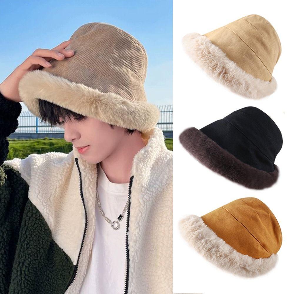 Ethnic Style Plush Bucket Hats Winter Autumn Ear Protection Hat Trendy Men's Bucket Hats  Unisex