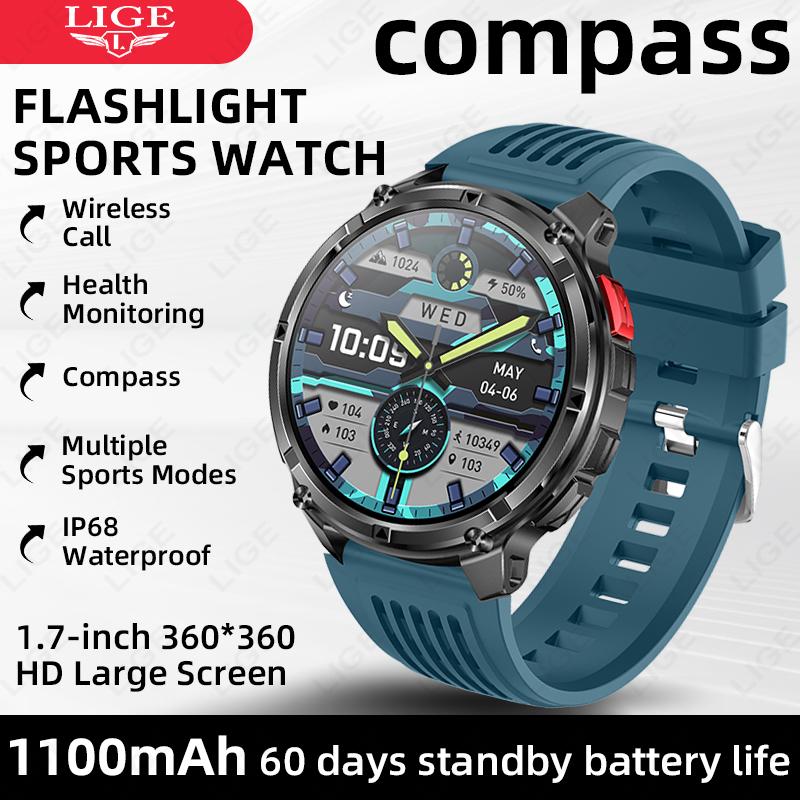 New Military Smart Watch 1100mAh Battery Compass LED Flashlight Men Outdoor Sport Watches Bluetooth Call 1.7" HD Smartwatch