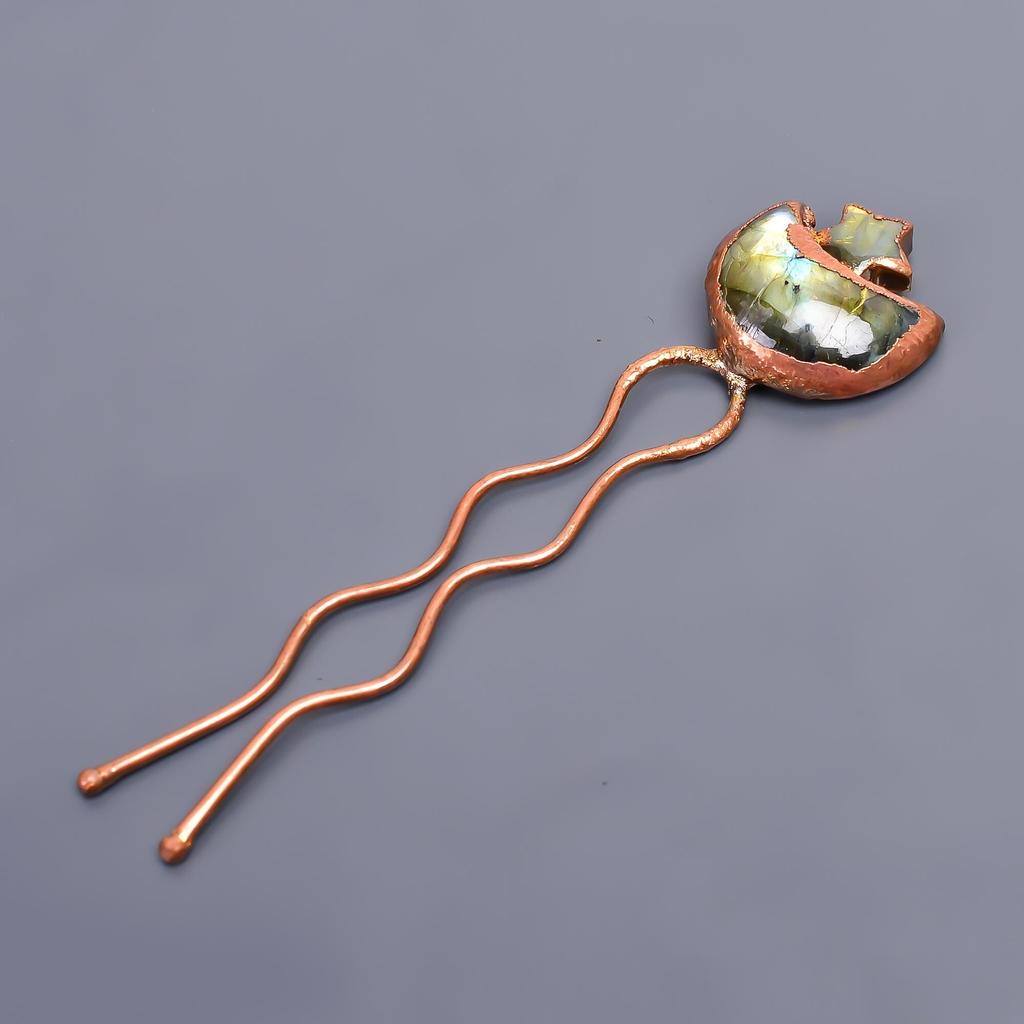 Pierre de lune labradorite naturelle croissant de lune et étoile bijoux faits main bâton de chignon 3,7"/cuivre plaqué or rempli d'or épingle à cheveux cadeau de Noël pour mère