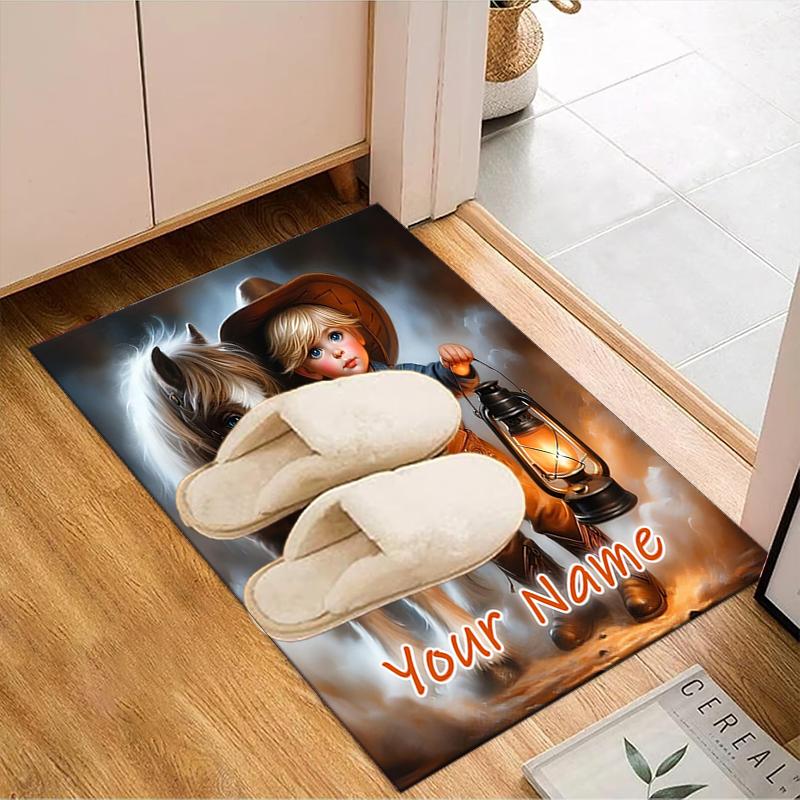1PC Custom Name Boy And Horse Adventure Theme Floor Mat Ideal for Living Room, Game Rooms, Office, Bedroom,Floor Mat Playful Design111