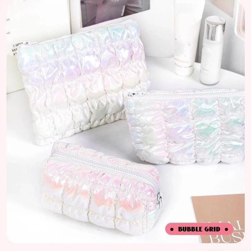 Iridescent Pink Puffy Makeup Bag With Bubble Grid Design Large Capacity For Travel Daily Cosmetic Storage