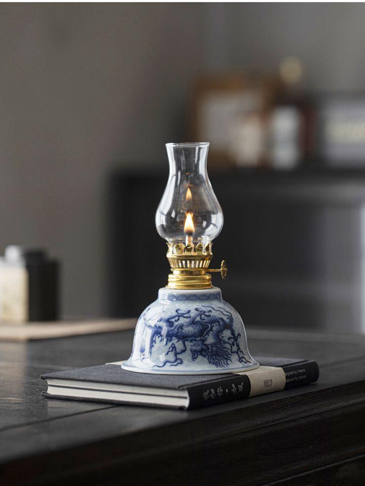 Hand Drawn Floral Retro Kerosenes Lamp Large Capacity Ceramic Butter Lamp Holder Chinese Style Study Bedroom Night Oil Lamp