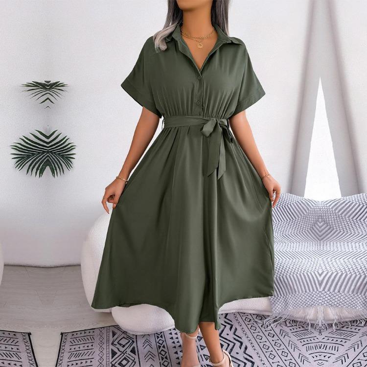 Women Casual Loose Button Dress Spring Summer Solid Color Lace Up Shirt Skirt Lapel Neck