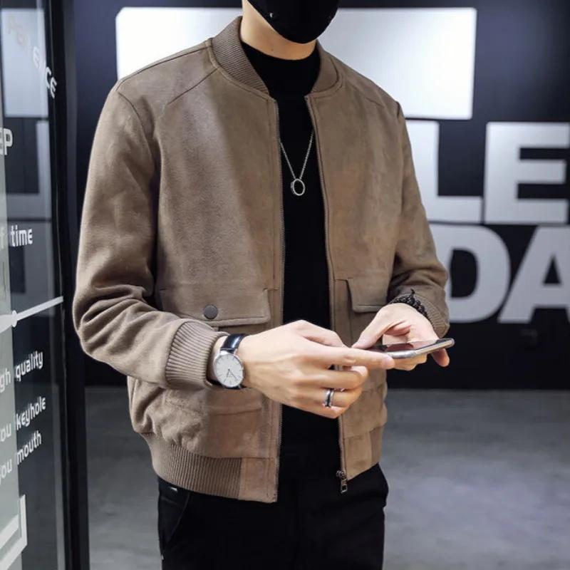 Men's Bomber Suede Leather Jackets Baseball Winter Sales of Slim Fit Male Cargo Coats Solid Color Harajuku New Clothing Fashion