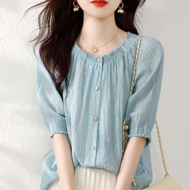 Airy Seersucker Lantern Sleeve Women Shirt Simple Elegant Commute Casual All Match Blouse S