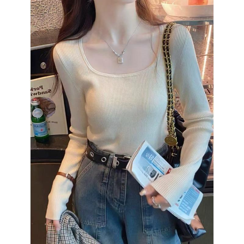 Fashion Women's Solid Square Collar Sweater Autumn Winter Long-sleeved Inner Top Slim Bottoming Knitted Sweaters Casual Pullover