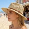Breathable Hollow-Out Woven Straw Hat Wide Brim Fedora with Vintage Belt Buckle Sun Protection for Beach Vacation Summer