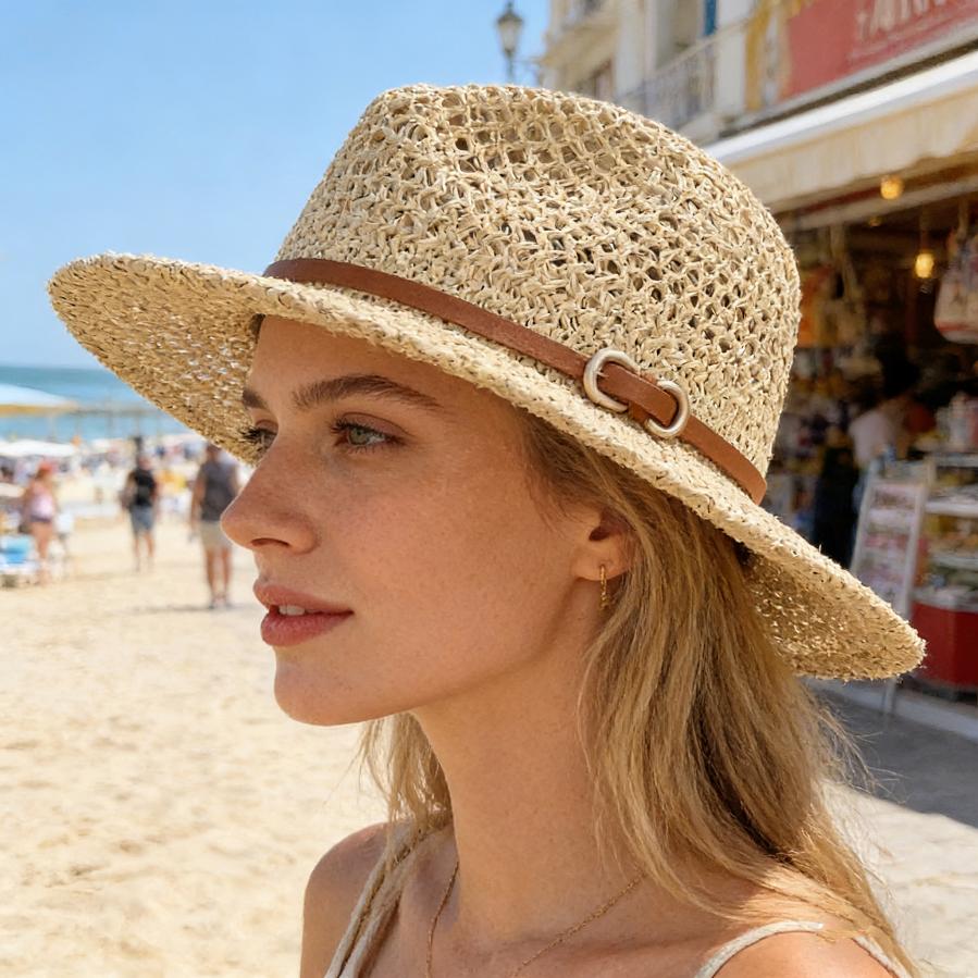 Breathable Hollow-Out Woven Straw Hat Wide Brim Fedora with Vintage Belt Buckle Sun Protection for Beach Vacation Summer