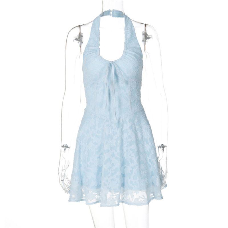 

INS Fashion Sexy Halter Backless High Waist Lace Dress Short Skirt Sexy Halter Mini Dress Light Blue XL