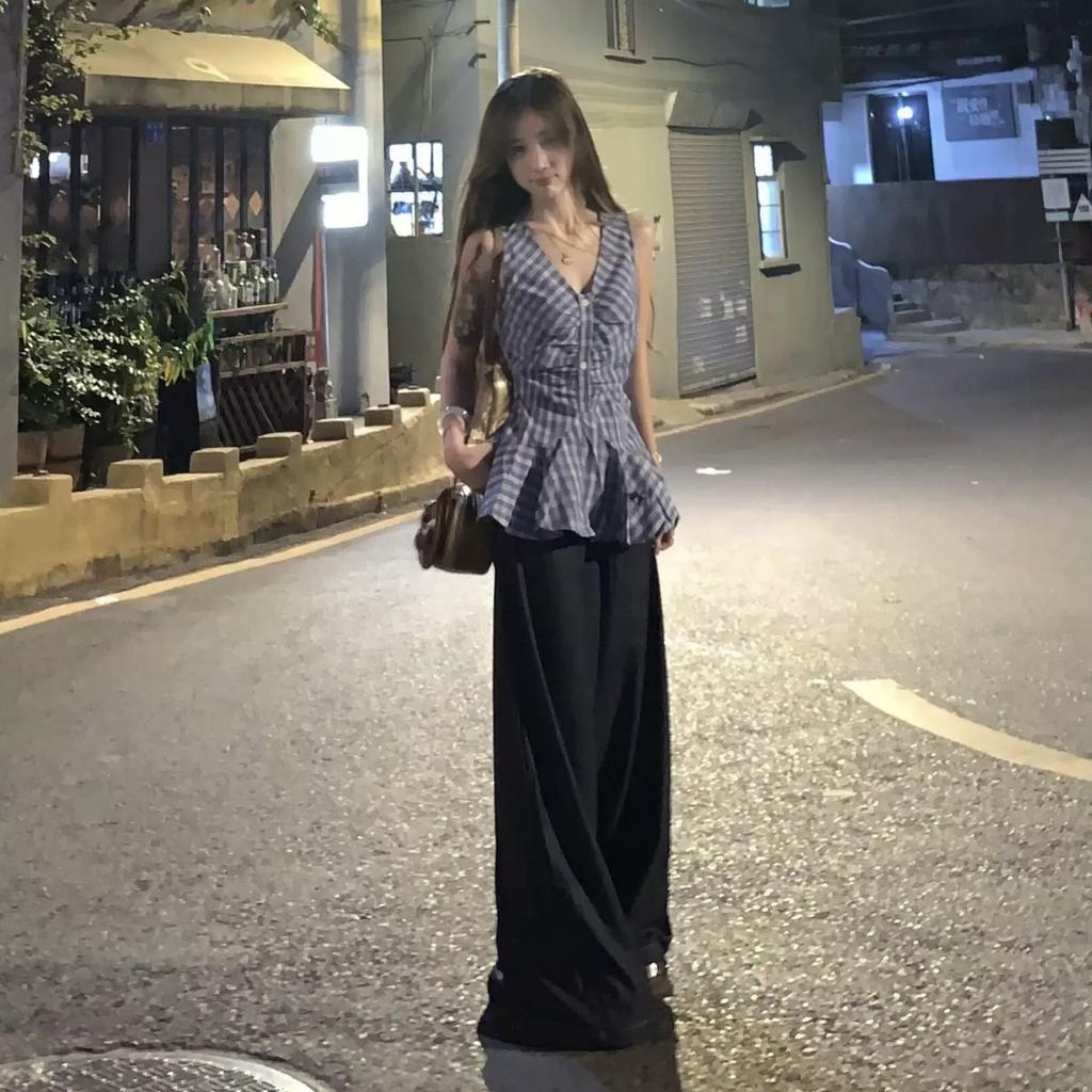 Korean Retro Blue Plaid V-neck Sleeveless Vest Women's Summer New Design Waist Pleated Shirt Top