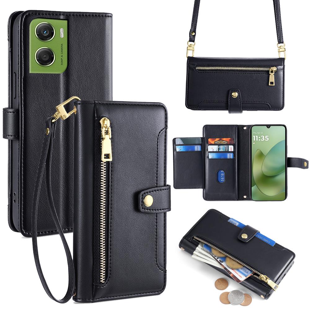For Motorola Moto G06 4G Leather Case Zipper Pocket Wallet Phone Cover with 2 Straps