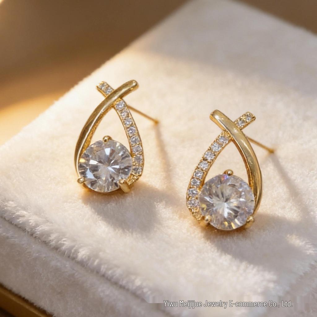 Korean Style Women's Elegant Diamond-Set Crossover Stud Earrings, Versatile and Sophisticated High-End Design.