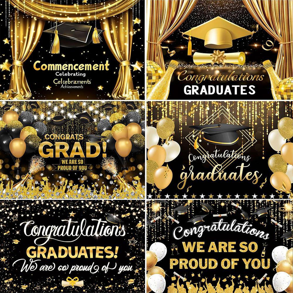 Abschlussfoto-Hintergrund, Glückwünsche, Abschlussfeier, Abschlusskappe mit gold-schwarzem Pailletten, Plakat mit personalisiertem Text, Banner