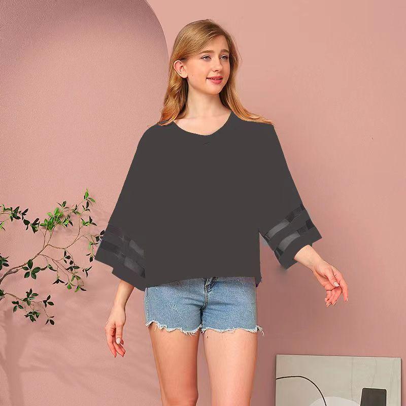 Summer Women's T-shirt Loose V-neck Mesh Splicing Sweet Fresh Girl Wind Chiffon Shirt