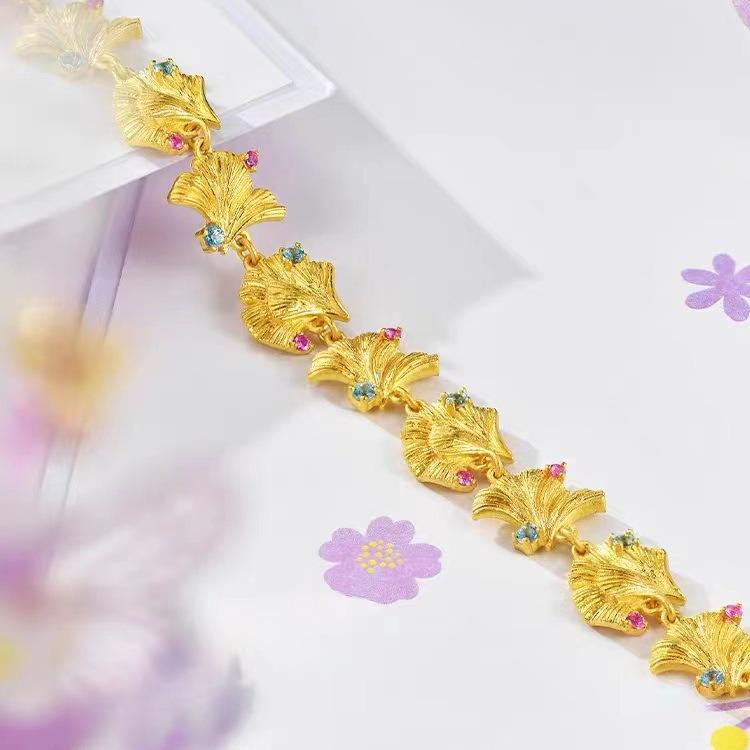 Ginkgo Leaf Diamond Bracelet In Vietnamese Sand Gold - Apricot Beaded Gift for Her Birthday