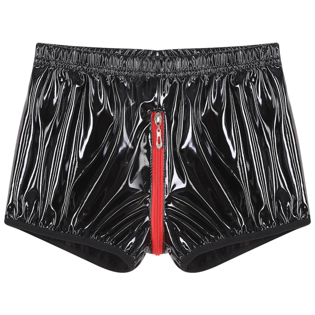 Herren Lackleder Boxershorts S-3XL: Elastischer Bund mit Reißverschluss und Knopf, zu öffnender Schritt für schicke Nachtwäsche