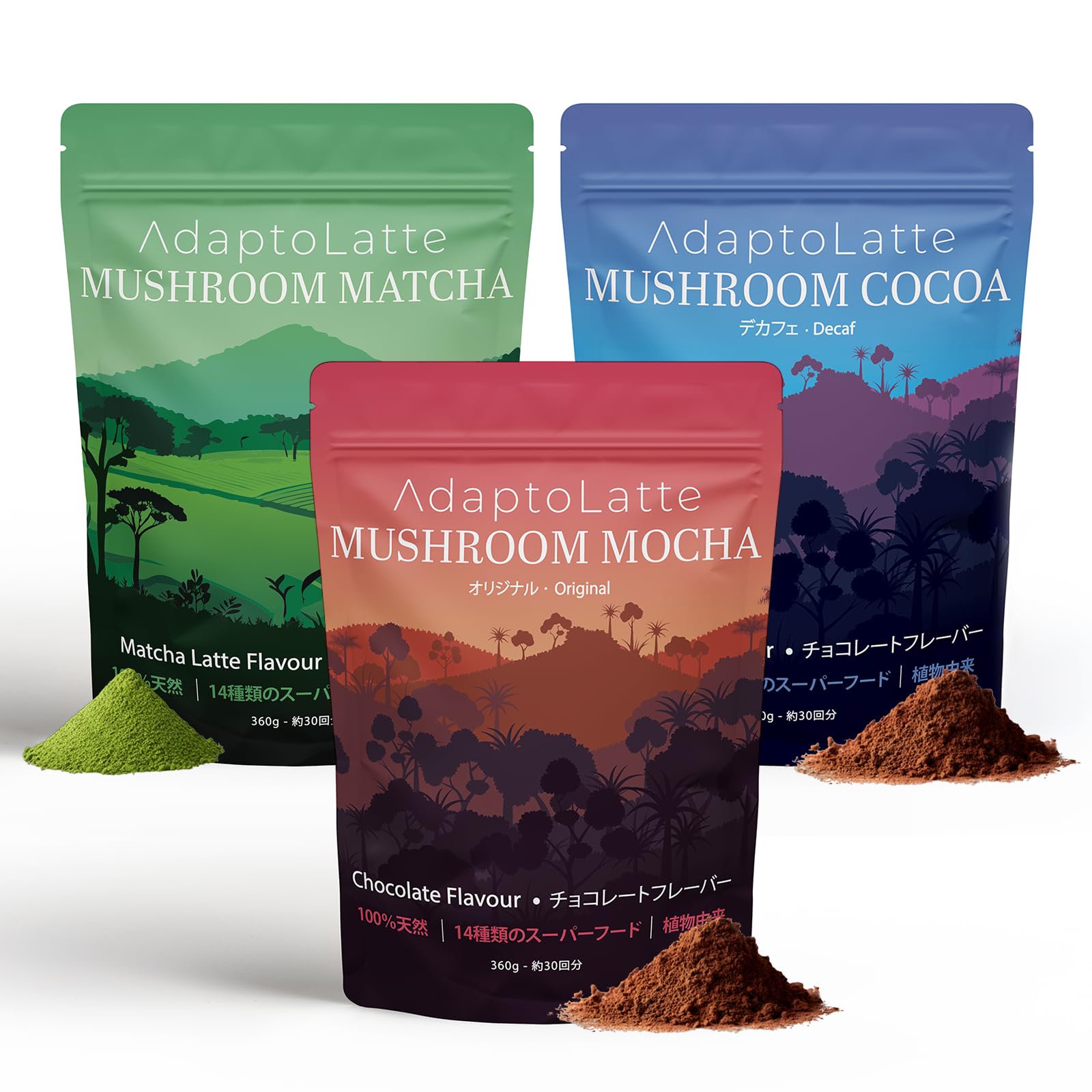 AdaptoLatte Original Decaf and Matcha x Contains Mushroom Coffee and Mane Mushroom Powder [Official] 3-Flavor Set (Mocha), (Cocoa), (360g 3)