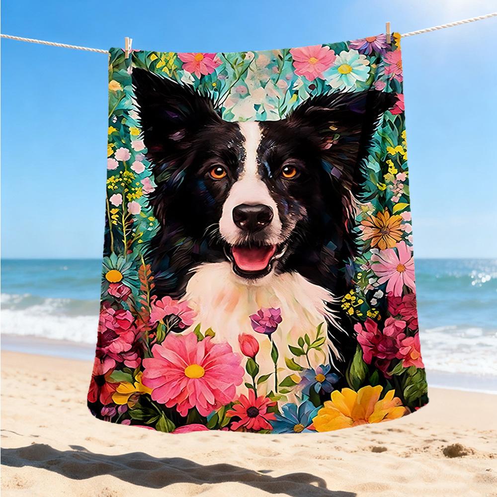 1pc Floral Border Collie Print Outdoor Soft Polyester Flannel Throw Blanket Versatile for All Seasons , Soft , Cozy , Warm All Season Quilted Throw ,