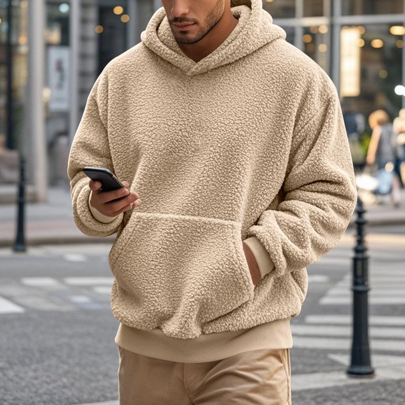 Loose Fit Pullover Hooded Sweatshirt Solid Fleece Lined Men S Casual