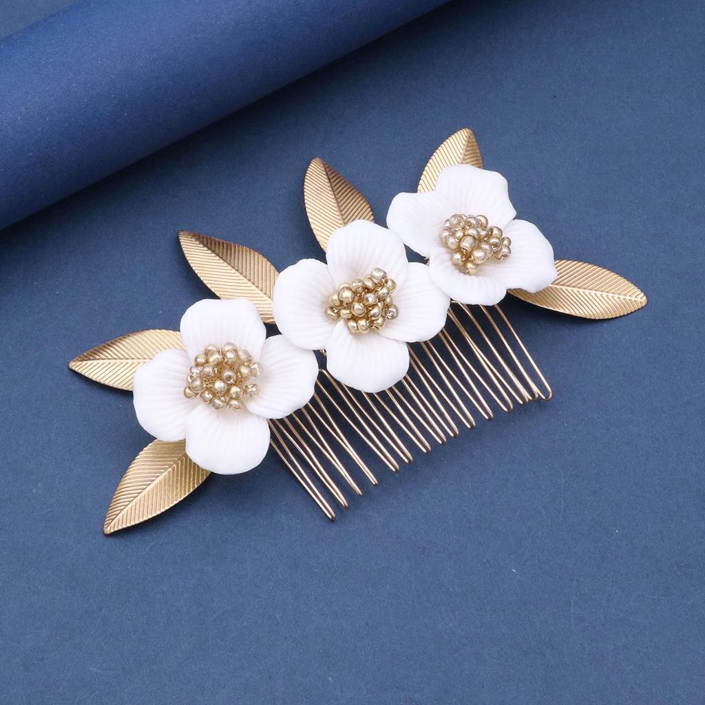 Alloy Leaf & Ceramic Magnolia Flower Hair Comb - Bridal Headdress Accessory