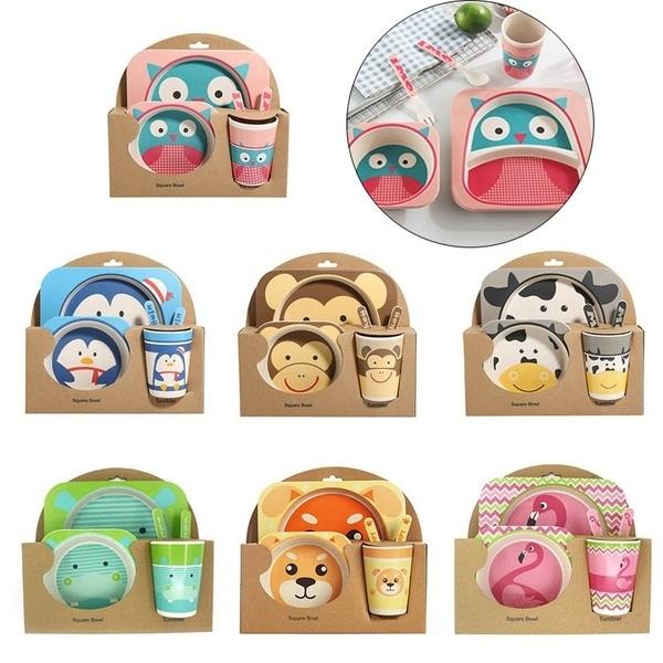 5 Pcs/Set Baby Dish Tableware Set Natural Bamboo Fiber Bowl with Cup Spoon Plate Fork Feeding Dishes