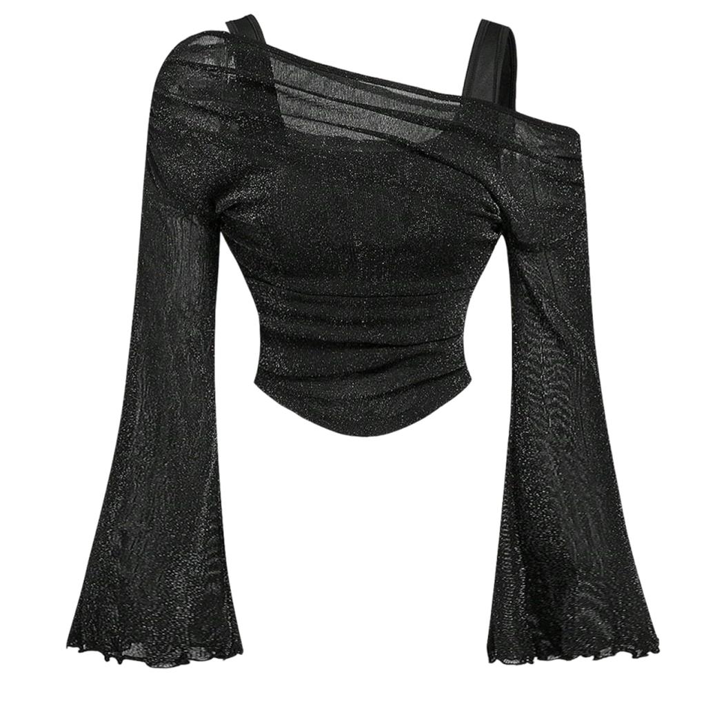 Women’s Ruched Mesh Long Sleeve Short Top Asymmetrical Neckline Fitted Blouse with Sheer Flared Sleeves for Daily Wear