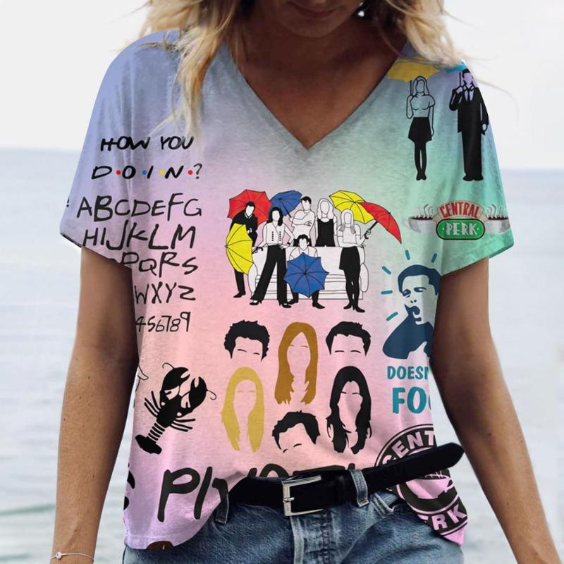 New Newspaper 3D Print T-Shirts Women Casual Fashion Streetwear Short Sleeve V-Neck