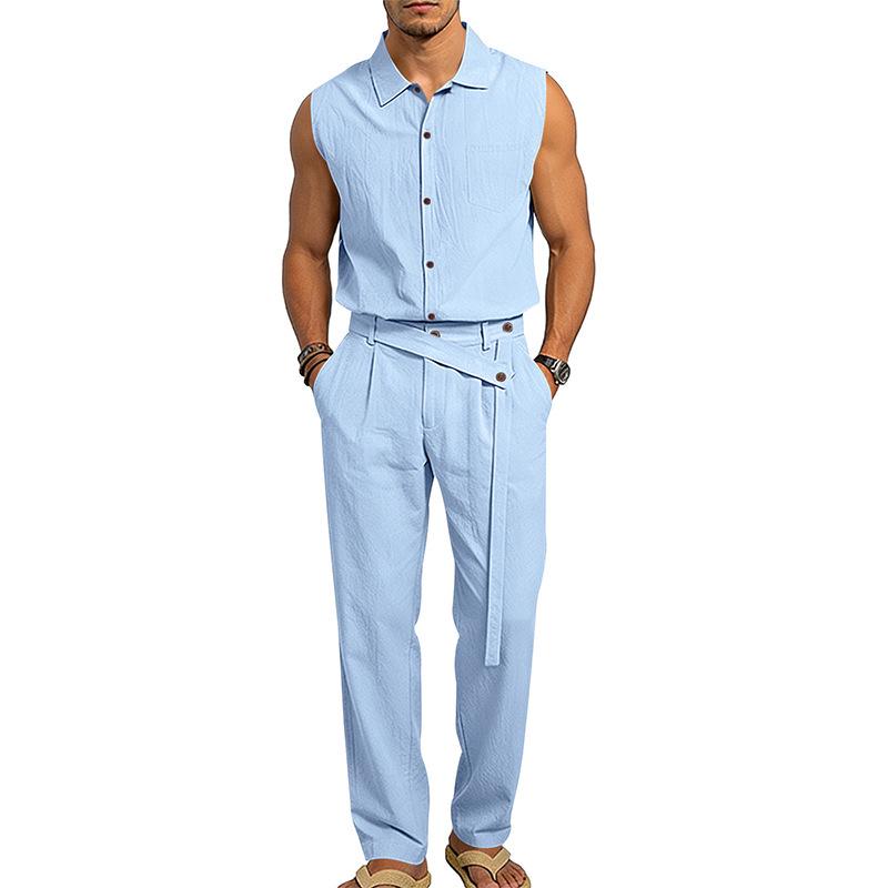 Men's European Summer Linen Sleeveless Shirt & Long Pants Set - Breathable & Trendy Two-Piece