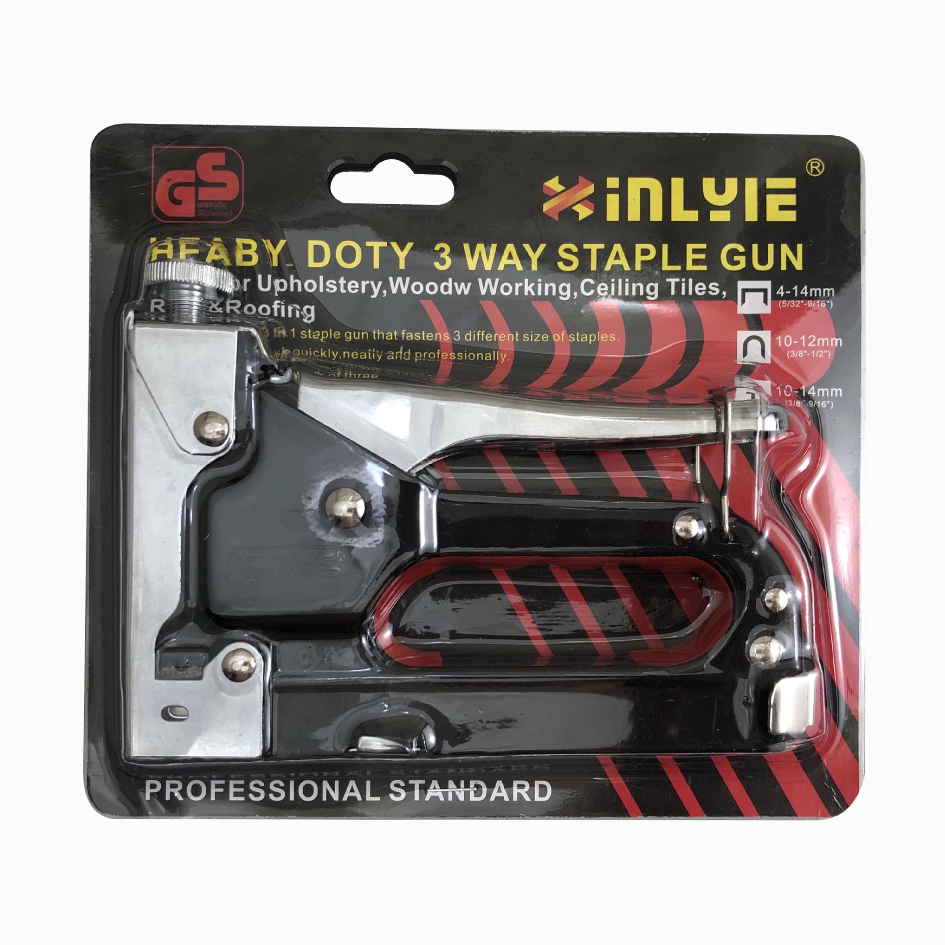 

Black Heavy-Duty 3-in-1 Manual Staple Gun with T-type, Straight Nail, and U-type Brad Nailer Functions